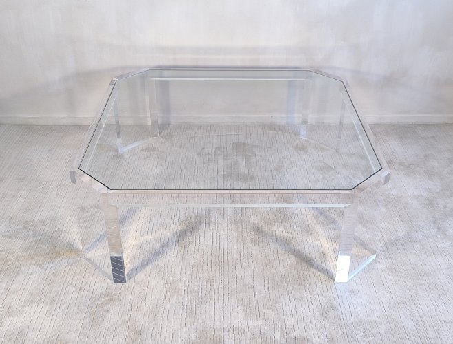 ✨✨ Belle grande table basse carrée ATHÉNA en altuglas & verre signée David Lange ✨✨