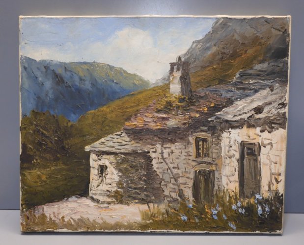 -BELLE HUILE SUR TOILE TABLEAU PAYSAGE MONTAGNEUX signé VIBERT EMILE HST   D