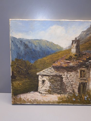 -BELLE HUILE SUR TOILE TABLEAU PAYSAGE MONTAGNEUX signé VIBERT EMILE HST   D