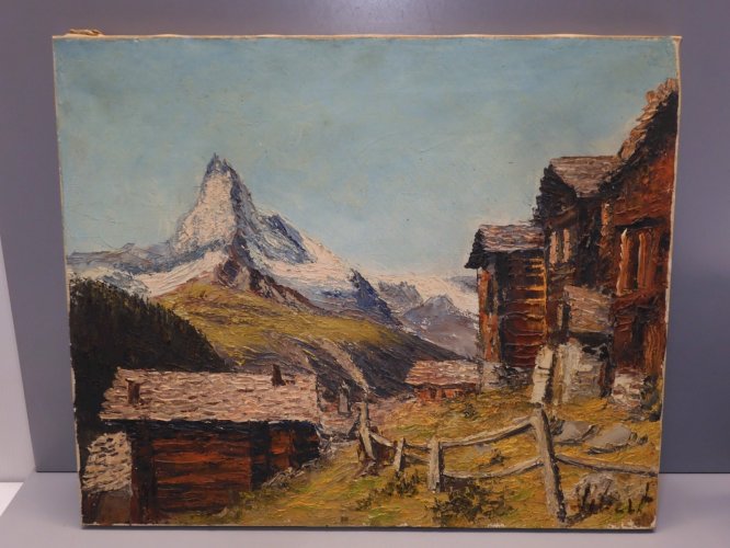 -BELLE HUILE SUR TOILE TABLEAU PAYSAGE MONTAGNEUX signé VIBERT EMILE HST