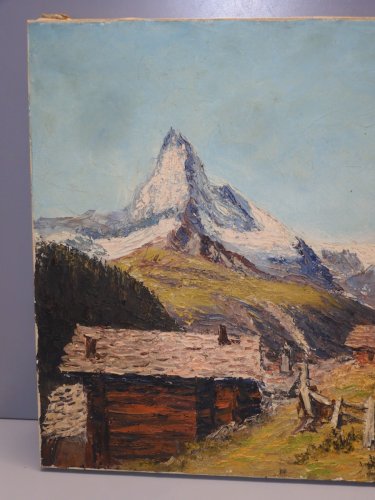 -BELLE HUILE SUR TOILE TABLEAU PAYSAGE MONTAGNEUX signé VIBERT EMILE HST