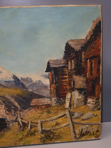 -BELLE HUILE SUR TOILE TABLEAU PAYSAGE MONTAGNEUX signé VIBERT EMILE HST