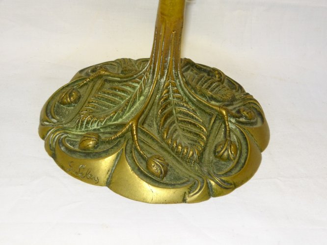 -BELLE LAMPE A PETROLE SIGNEE G LELEU ART NOUVEAU LAITON ET BRONZE