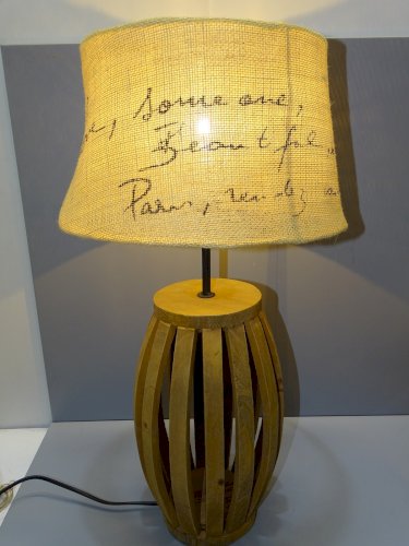 -BELLE LAMPE A POSER XXe ABAT JOUR JUTE PIED LATTES DE BOIS Déco VINTAGE   D