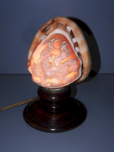 -BELLE LAMPE COQUILLAGE VEILLEUSE  décor CAMEE CHAR ROMAIN Pied BOIS déco    D