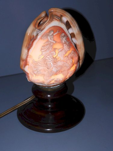 -BELLE LAMPE COQUILLAGE VEILLEUSE  décor CAMEE CHAR ROMAIN Pied BOIS déco    D