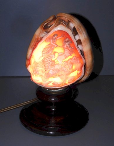 -BELLE LAMPE COQUILLAGE VEILLEUSE  décor CAMEE CHAR ROMAIN Pied BOIS déco    D