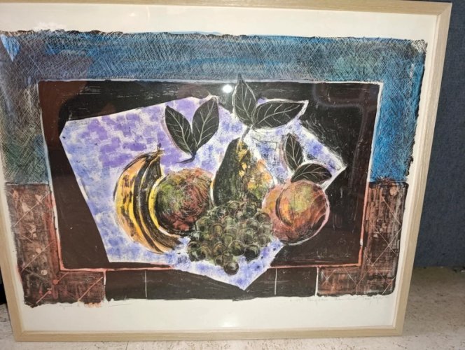 belle lithographie decor de fruits signée tony agostini en bon etat