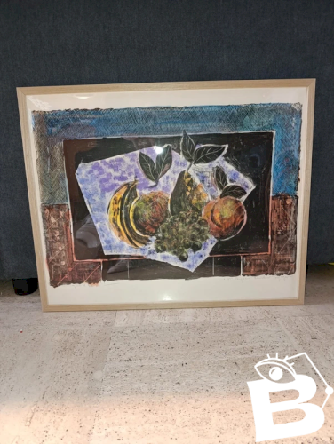 belle lithographie decor de fruits signée tony agostini en bon etat