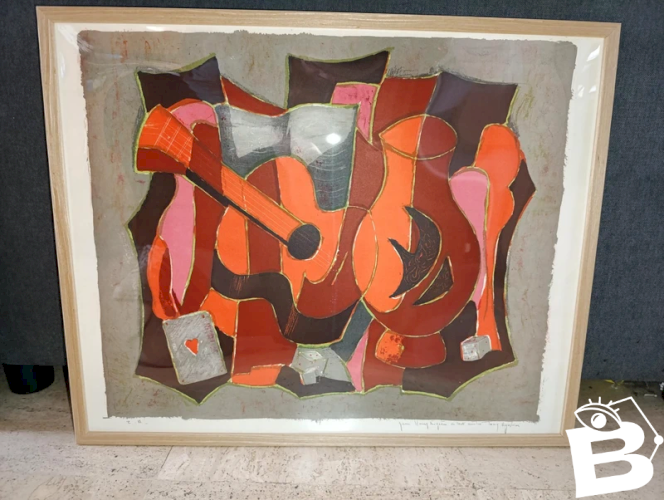 belle lithographie decor musical signée tony agostini en bon etat