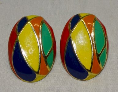 -NICE PAIR OF HARLEQUIN CLIP EARRINGS BLUE YELLOW GREEN ORANGE D
