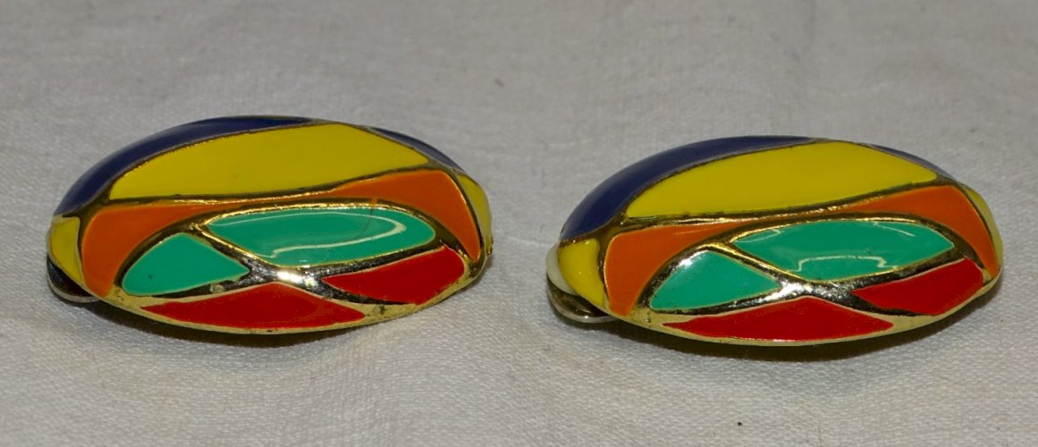 -BELLE PAIRE DE BOUCLES D'OREILLES CLIPS ARLEQUIN BLEU JAUNE VERT ORANGE     D