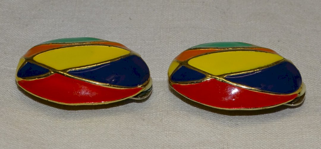-BELLE PAIRE DE BOUCLES D'OREILLES CLIPS ARLEQUIN BLEU JAUNE VERT ORANGE     D
