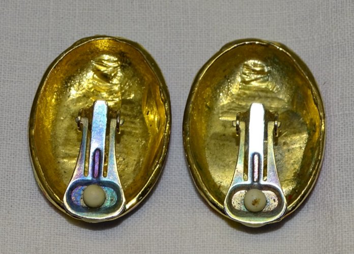 -BELLE PAIRE DE BOUCLES D'OREILLES CLIPS ARLEQUIN BLEU JAUNE VERT ORANGE     D