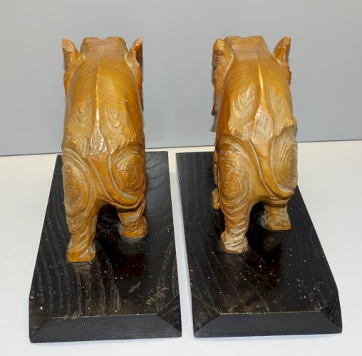 -BELLE PAIRE de SERRE LIVRES ELEPHANTS EN BOIS  sur SOCLE BOIS NOIR déco   D