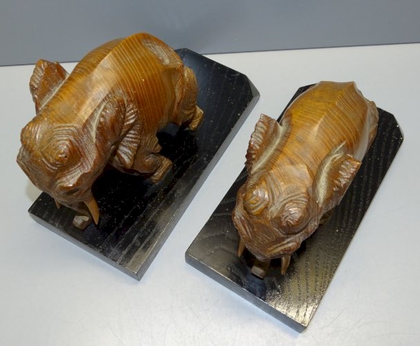 -BELLE PAIRE de SERRE LIVRES ELEPHANTS EN BOIS  sur SOCLE BOIS NOIR déco   D