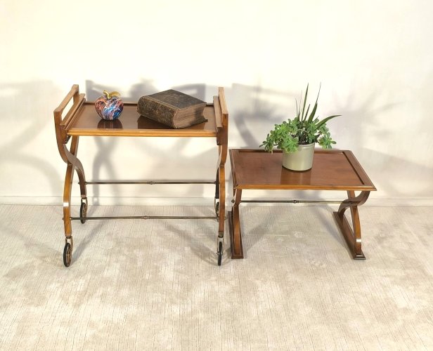 ✨ Belle paire de tables vintage en teck – Desserte roulante & table d’appoint – Benoit-Guyot Lyon ✨
