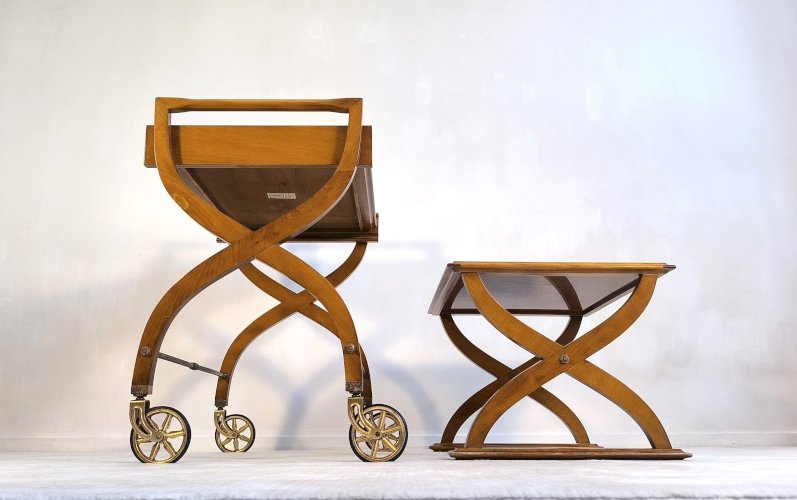 ✨ Belle paire de tables vintage en teck – Desserte roulante & table d’appoint – Benoit-Guyot Lyon ✨