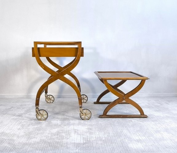 ✨ Belle paire de tables vintage en teck – Desserte roulante & table d’appoint – Benoit-Guyot Lyon ✨