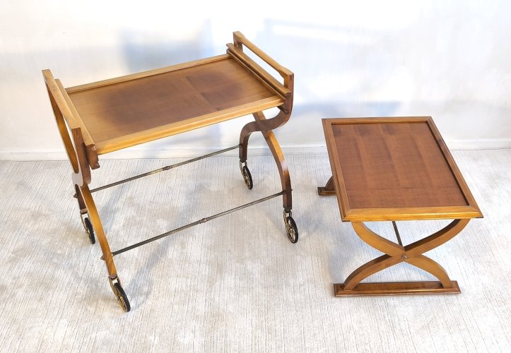 ✨ Belle paire de tables vintage en teck – Desserte roulante & table d’appoint – Benoit-Guyot Lyon ✨