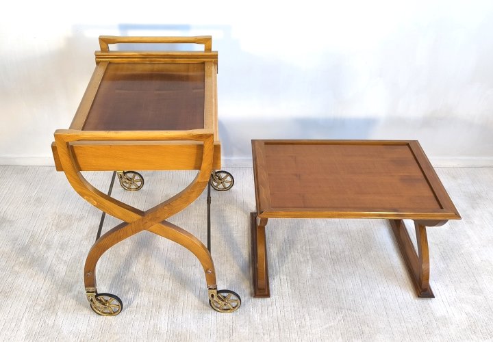 ✨ Belle paire de tables vintage en teck – Desserte roulante & table d’appoint – Benoit-Guyot Lyon ✨