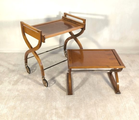 ✨ Belle paire de tables vintage en teck – Desserte roulante & table d’appoint – Benoit-Guyot Lyon ✨