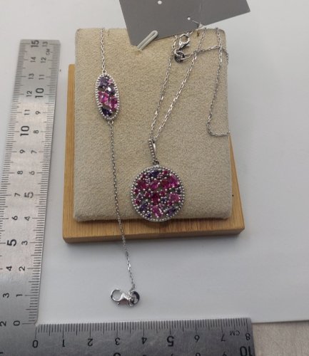 Belle parure de collier + bracelet, pierres mauves, en argent massif Maty