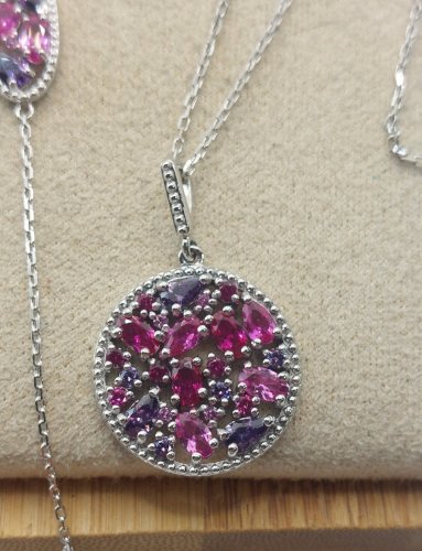 Belle parure de collier + bracelet, pierres mauves, en argent massif Maty