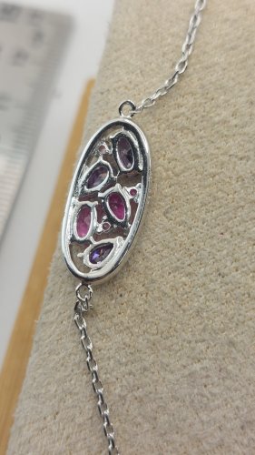 Belle parure de collier + bracelet, pierres mauves, en argent massif Maty