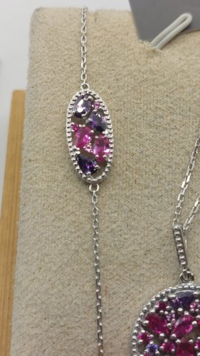 Belle parure de collier + bracelet, pierres mauves, en argent massif Maty