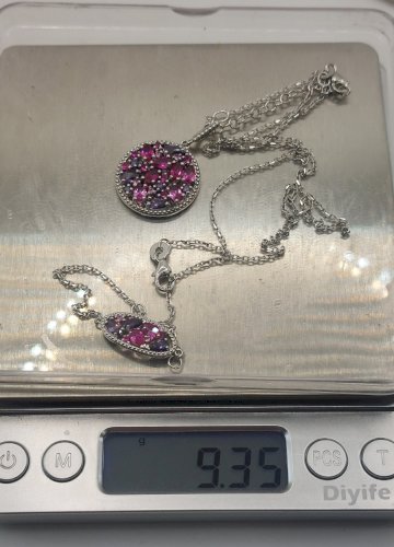 Belle parure de collier + bracelet, pierres mauves, en argent massif Maty