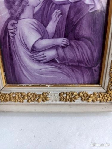 Belle peinture sur carreau decor de la vierge à lenfant signé E.R