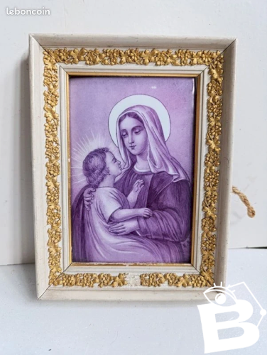 Belle peinture sur carreau decor de la vierge à lenfant signé E.R