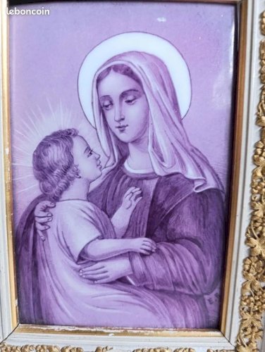 Belle peinture sur carreau decor de la vierge à lenfant signé E.R