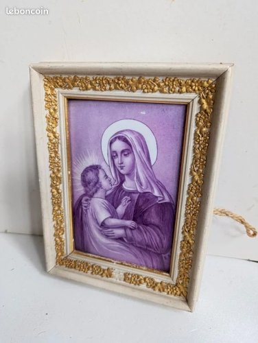 Belle peinture sur carreau decor de la vierge à lenfant signé E.R