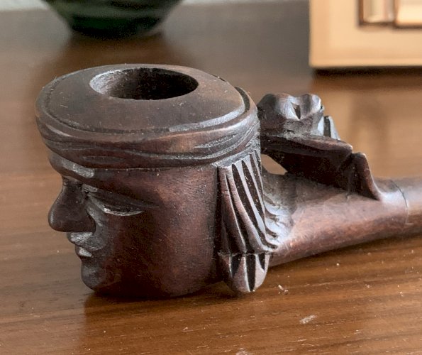 Belle pipe ancienne en bois sculpté tête d'hindou et singe