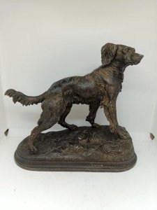 beautiful cast-iron sculpture of a hunting dog at rest signed jules moigniez in good condition