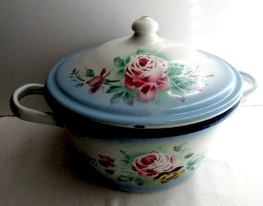"Beautiful JAPY soup tureen, white enamelled metal shaded with blue: Thoughts and Roses"