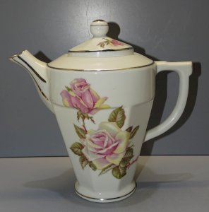-BELLE VERSEUSE PORCELAINE CAFETIERE ART DECO Décor de Roses LISERES ARGENT   D
