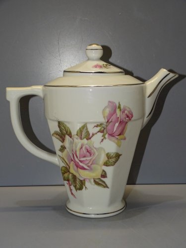 -BELLE VERSEUSE PORCELAINE CAFETIERE ART DECO Décor de Roses LISERES ARGENT   D