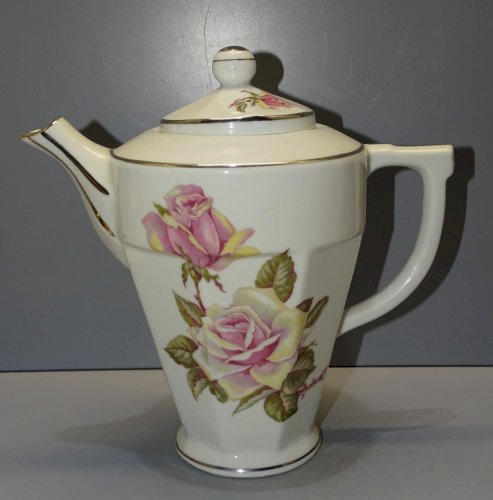 -BELLE VERSEUSE PORCELAINE CAFETIERE ART DECO Décor de Roses LISERES ARGENT   D