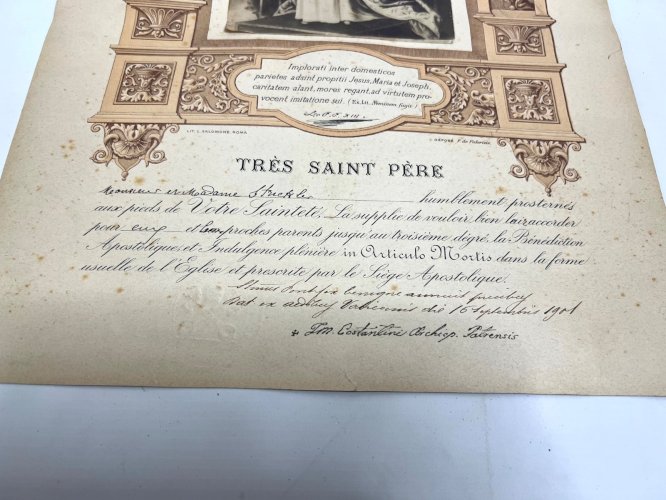 Bénédiction Apostolique Vatican 1901 – Archevêque Costantini – Document Original