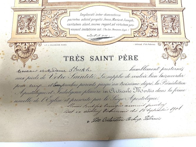 Bénédiction Apostolique Vatican 1901 – Archevêque Costantini – Document Original