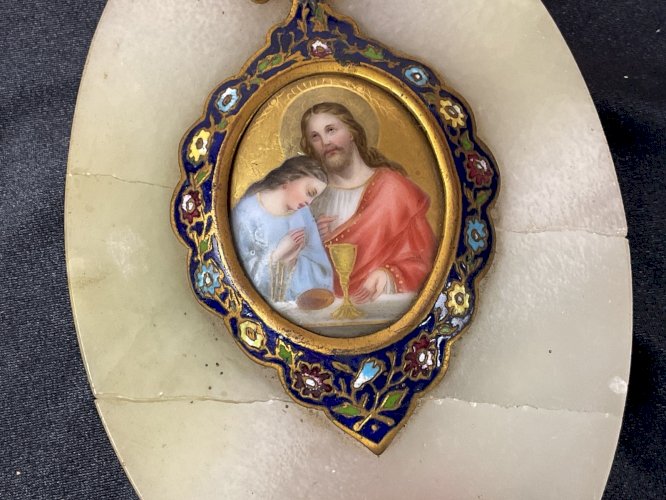 BENITIER émail cloisonné, jesus et la Vierge peinte / porcelaine, Napoléon III