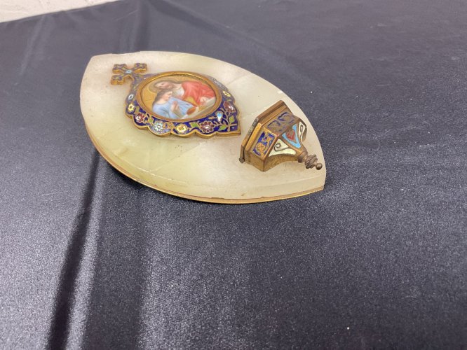 BENITIER émail cloisonné, jesus et la Vierge peinte / porcelaine, Napoléon III