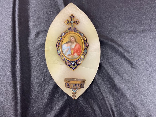 BENITIER émail cloisonné, jesus et la Vierge peinte / porcelaine, Napoléon III