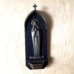 Bronze Art Deco Virgin Mary Holy Water Font signed M C Nantard