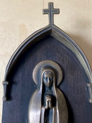 Bénitier Vierge Marie en bronze art déco signé M C Nantard