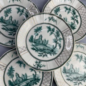 BERNARDAUD décor Vincennes Green 5 soucoupes en porcelaine de Limoges