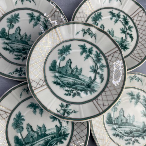 BERNARDAUD décor Vincennes Green 5 soucoupes en porcelaine de Limoges